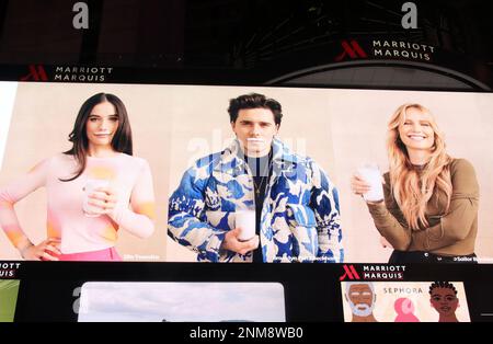 New York, NY, USA. 23rd Feb, 2023. Ella Bleu Travolta, Brooklyn Peltz Beckham and Sailor Brinkley Cook on the billboard in Times Square promoting Silk NextMilk on February 23, 2023 in New York City. Credit: Rw/Media Punch/Alamy Live News Stock Photo