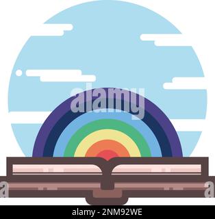 Book flat icon. Open book with a rainbow inside on blue sky round background. Metaphore of a life-affirming and breathtaking literature. Pleasure of r Stock Vector