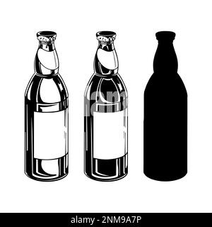 A set of bottles of beer in style silhouette for printing and design. Vector illustration. Stock Vector