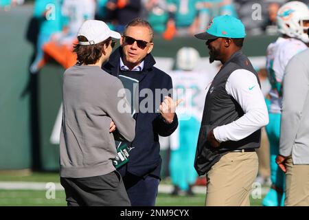 Miami Dolphins vice chairman and partner Bruce Beal and Miami Dolphins  owner Stephen Ross (rear) watch the players practice on the field before an  NFL football game against the Atlanta Falcons, Sunday