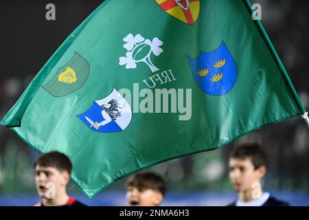 Treviso, Italy. 24th Feb, 2023. The Ireland Flag during U20 - Italy vs Ireland, Rugby Six Nations match in Treviso, Italy, February 24 2023 Credit: Independent Photo Agency/Alamy Live News Stock Photo