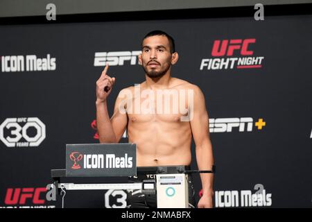 LAS VEGAS, NV - FEBRUARY 24: Ailin Perez steps on the scale for the official weigh-ins at UFC Apex for UFC Fight Night - Krylov vs Spann on February 24, 2023 in Las Vegas, NV, United States. (Photo by PXImages/Louis Grasse) Credit: Px Images/Alamy Live News Stock Photo