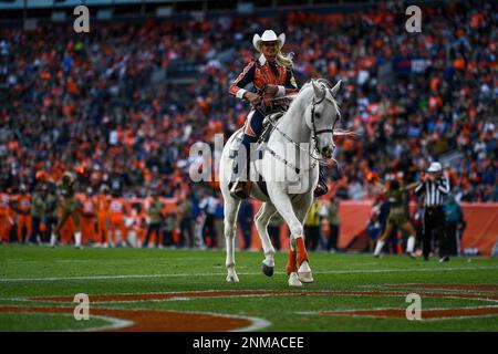 Rider Ann Judge guides Thunder during a ceremonial run after the Denver  Broncos scored in the first half of an NFL preseason football game  Saturday, Aug. 26, 2023, in Denver. (AP Photo/David