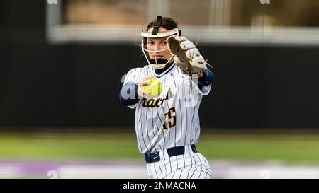 Murray State pitcher Hannah James (15) tries a rally cap in the