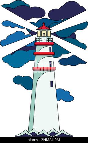 lighthouse shines through the clouds, vector illustration isolated on white background. Lighthouse on ocean or sea Stock Vector