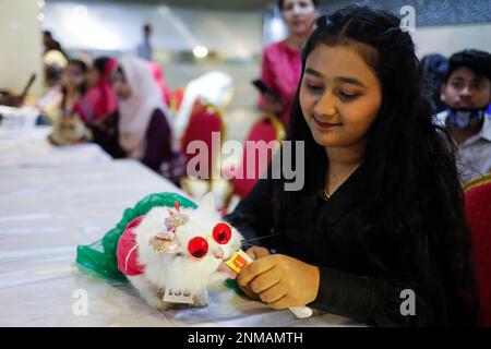 Dhaka, Bangladesh. 24th Feb, 2023. An owner give a treat to her cat during ramp show at Jamuna Future Park in Dhaka. More than 3,000 cat lovers have registered for the event this year. (Credit Image: © Md. Rakibul Hasan/ZUMA Press Wire) EDITORIAL USAGE ONLY! Not for Commercial USAGE! Credit: ZUMA Press, Inc./Alamy Live News Stock Photo