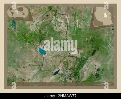 Dodoma, region of Tanzania. High resolution satellite map. Locations and names of major cities of the region. Corner auxiliary location maps Stock Photo