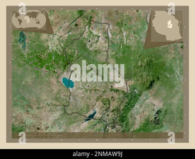 Dodoma, region of Tanzania. High resolution satellite map. Locations of major cities of the region. Corner auxiliary location maps Stock Photo