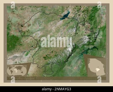 Iringa, region of Tanzania. High resolution satellite map. Locations of major cities of the region. Corner auxiliary location maps Stock Photo