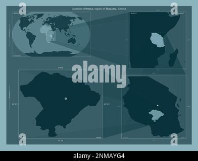Iringa, region of Tanzania. Diagram showing the location of the region on larger-scale maps. Composition of vector frames and PNG shapes on a solid ba Stock Photo