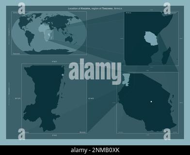 Kagera, region of Tanzania. Diagram showing the location of the region on larger-scale maps. Composition of vector frames and PNG shapes on a solid ba Stock Photo