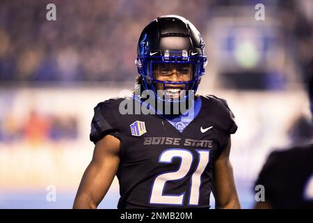 BOISE, ID - NOVEMBER 12: Boise State Broncos safety Tyreque Jones (21)  smiles during a college football game between the Wyoming Cowboys and the  Boise State Broncos on November 12, 2021, at