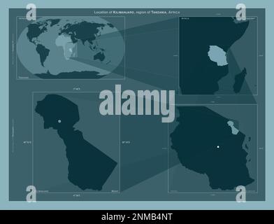 Kilimanjaro, region of Tanzania. Diagram showing the location of the region on larger-scale maps. Composition of vector frames and PNG shapes on a sol Stock Photo