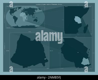 Lindi, region of Tanzania. Diagram showing the location of the region on larger-scale maps. Composition of vector frames and PNG shapes on a solid bac Stock Photo