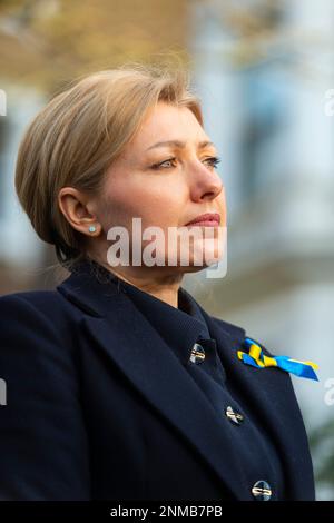 London, UK.  24 February 2023.  Inna Prystaiko, wife of Ukrainian Ambassador to the UK Vadym Prystaiko, at an Ecumenical Memorial Prayer Service at the Statue of Saint Volodymyr the Great in Holland Park ahead of a procession and rally at the Russian Embassy.  The service, on the one year anniversary of the start of Russia’s invasion of Ukraine, is for those who have lost their lives during the conflict over the last 12 months.Credit: Stephen Chung / Alamy Live News Stock Photo