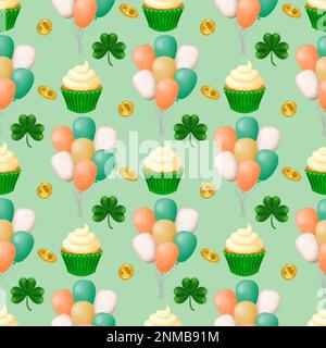 St. Patrick's Day seamless pattern with Irish flag colored balloons, clover leaves, gold coins, and a cupcake with whipped cream. Perfect for fabric, Stock Vector