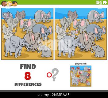 Cartoon illustration of finding the differences between pictures educational game with elephants animal characters Stock Vector