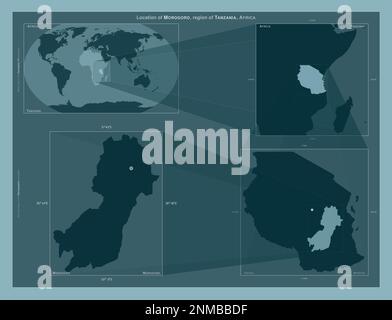 Morogoro, region of Tanzania. Diagram showing the location of the region on larger-scale maps. Composition of vector frames and PNG shapes on a solid Stock Photo