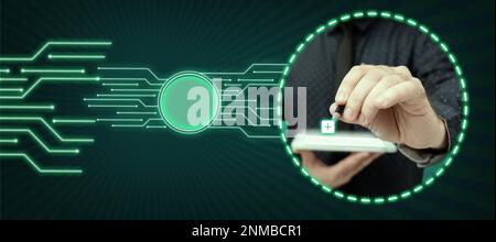 Man sitting at the table with laptop. Big white speech bubble for text overhead. Empty Dialog box on bright colored background. drawing illustration. Stock Photo