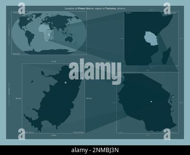 Pemba South, region of Tanzania. Diagram showing the location of the region on larger-scale maps. Composition of vector frames and PNG shapes on a sol Stock Photo