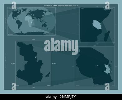 Pwani, region of Tanzania. Diagram showing the location of the region on larger-scale maps. Composition of vector frames and PNG shapes on a solid bac Stock Photo