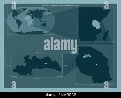 Shinyanga, region of Tanzania. Diagram showing the location of the region on larger-scale maps. Composition of vector frames and PNG shapes on a solid Stock Photo
