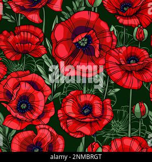 scarlet red poppies seamless vector pattern Stock Vector