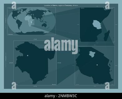 Simiyu, region of Tanzania. Diagram showing the location of the region on larger-scale maps. Composition of vector frames and PNG shapes on a solid ba Stock Photo