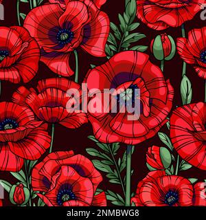 scarlet red poppies seamless vector pattern Stock Vector