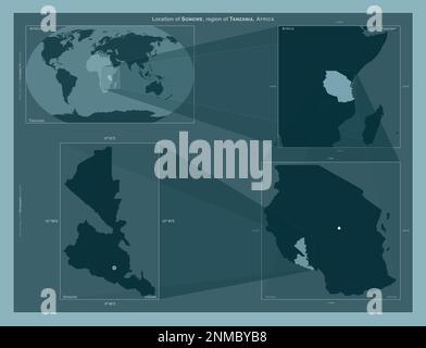 Songwe, region of Tanzania. Diagram showing the location of the region on larger-scale maps. Composition of vector frames and PNG shapes on a solid ba Stock Photo