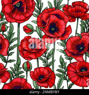 scarlet red poppies seamless vector pattern Stock Vector