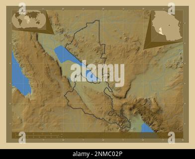 Songwe, region of Tanzania. Colored elevation map with lakes and rivers. Locations of major cities of the region. Corner auxiliary location maps Stock Photo
