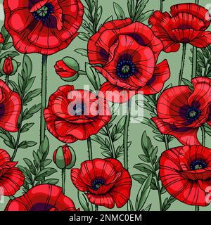 scarlet red poppies seamless vector pattern Stock Vector