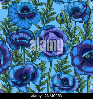 blue poppies seamless vector pattern Stock Vector