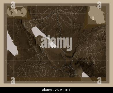 Songwe, region of Tanzania. Elevation map colored in sepia tones with lakes and rivers. Corner auxiliary location maps Stock Photo