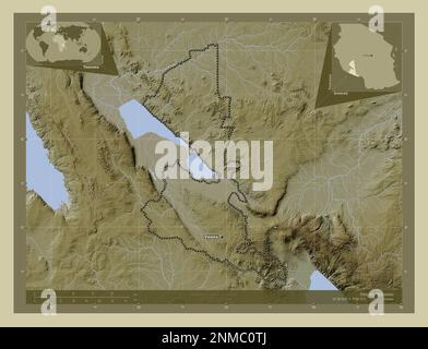 Songwe, region of Tanzania. Elevation map colored in wiki style with lakes and rivers. Locations and names of major cities of the region. Corner auxil Stock Photo