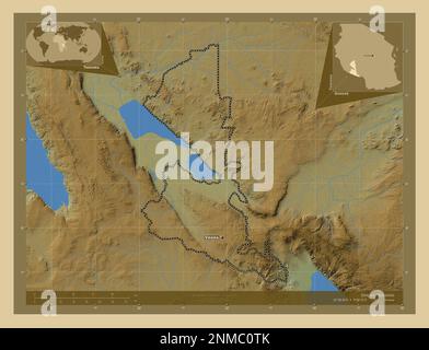 Songwe, region of Tanzania. Colored elevation map with lakes and rivers. Locations and names of major cities of the region. Corner auxiliary location Stock Photo