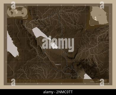 Songwe, region of Tanzania. Elevation map colored in sepia tones with lakes and rivers. Locations and names of major cities of the region. Corner auxi Stock Photo