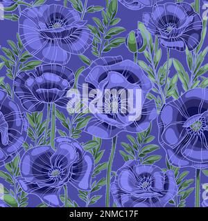 violet poppies seamless vector pattern Stock Vector
