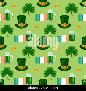 Celebrate St. Patrick's Day with seamless pattern featuring the Irish flag, a Leprechaun hat, a beer mug, and gold coins on a seamless background. For Stock Vector