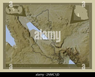 Songwe, region of Tanzania. Elevation map colored in wiki style with lakes and rivers. Locations of major cities of the region. Corner auxiliary locat Stock Photo