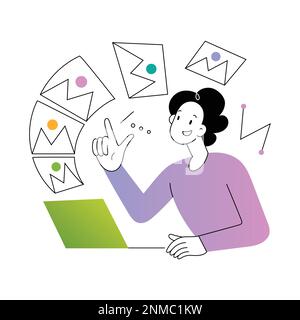 Designer uses AI generator to create artworks. Young woman typing a prompt for artificial intelligence application, vector illustration Stock Vector
