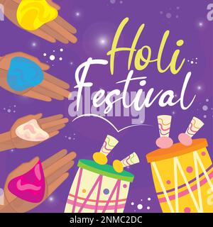 Colored holi festival poster with drums and hands with powder Vector Stock Vector