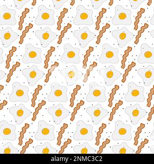 Appetizing Scrambled eggs and bacon with spices. Seamless pattern for the day of the eggs. Fast food. Isolate. Lifestyle. Good for poster, banner, brochures, advertising or label or price, web. EPS Stock Vector