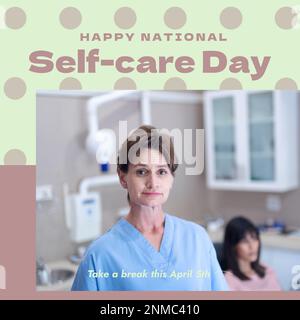 Composition of happy national self-care day text over caucasian female dentist Stock Photo
