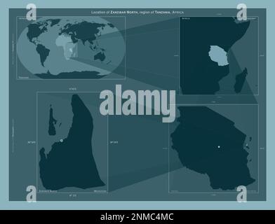 Zanzibar North, region of Tanzania. Diagram showing the location of the region on larger-scale maps. Composition of vector frames and PNG shapes on a Stock Photo