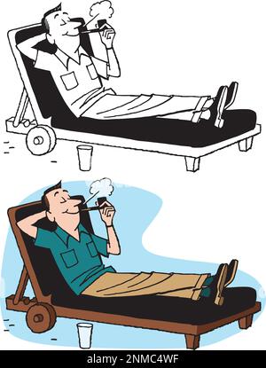 A vintage retro cartoon of a businessman relaxing in his lounge chair and smoking his pipe. Stock Vector