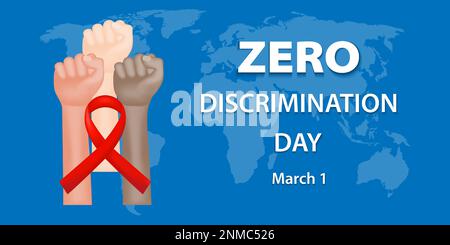 Join the fight against discrimination with banner featuring a red ribbon, clenched fists of people of different races, and a world map on a blue backg Stock Vector