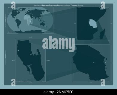 Zanzibar South and Central, region of Tanzania. Diagram showing the location of the region on larger-scale maps. Composition of vector frames and PNG Stock Photo