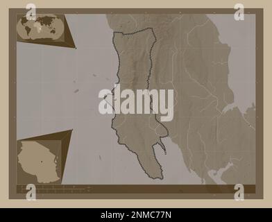 Zanzibar West, region of Tanzania. Elevation map colored in sepia tones with lakes and rivers. Corner auxiliary location maps Stock Photo